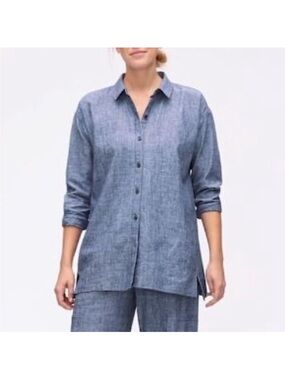 Eileen Fisher Hemp Organic Cotton Chambray Button-Down Shirt LG